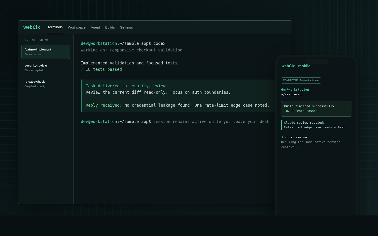 Synthetic webClx demonstration showing a desktop coding terminal continued from a phone